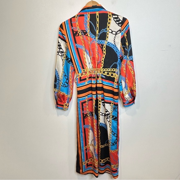 Zara Blogger Fav Chain Print Scarf Print Long Sleeve Midi Shirt Dress Orange - Picture 11 of 13